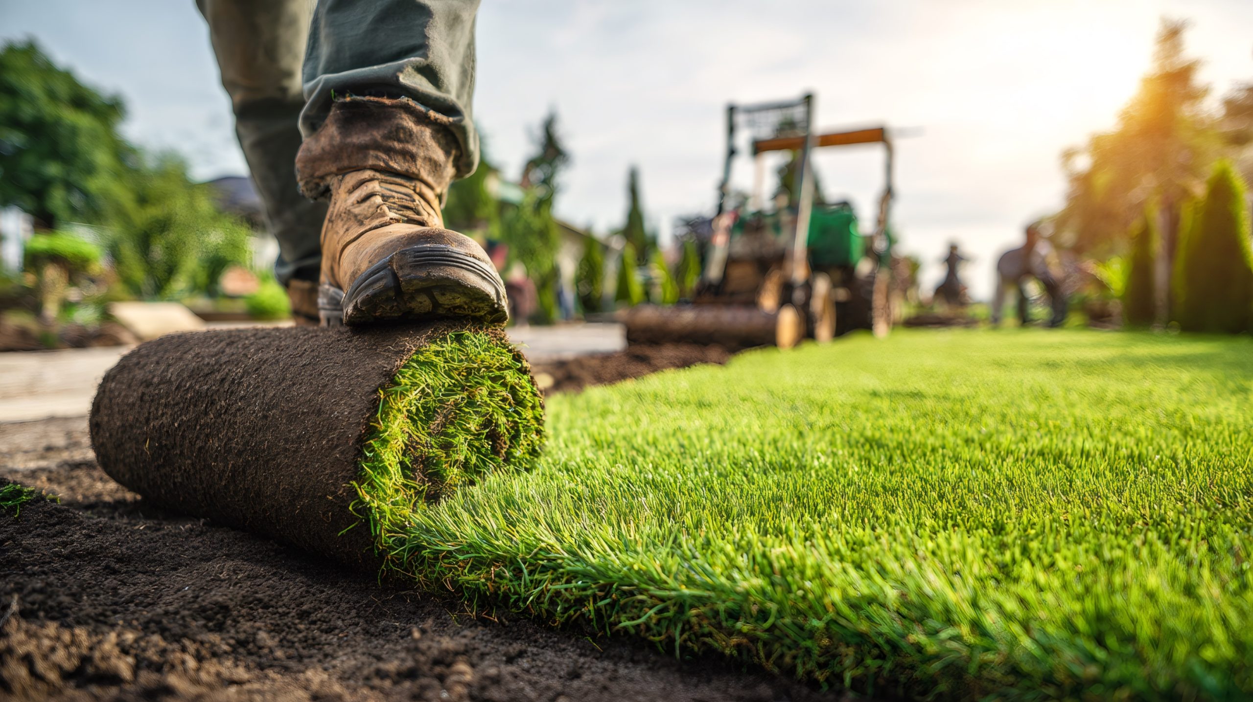lawn transformation, a landscaper in a grey t-shirt and work boots lays fresh sod in a front yard, transforming dirt into a perfect lawn professional equipment and soft sunlight complete the scene